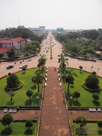 Vientiane cityscape, bird eye view over the city skyline from the capital of Laos.の写真素材