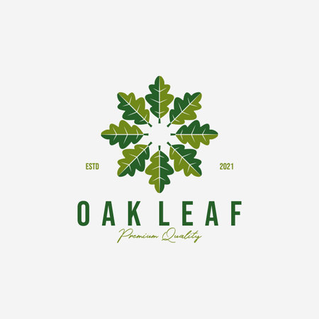 Emblem or Circle of Oak Leaf Logo Vector, Leaves Design for Business, Meditation by Oak of Illustration Vintage, Healthy Logo, Acupuncture Spaのイラスト素材