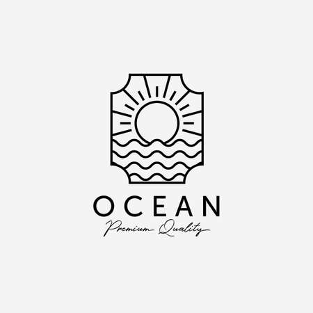 Badge of Sunburst on the Horizon Line Art , Illustration of Marine Water, Design of Beach Sunset, Vector of Sea Maritime Conceptのイラスト素材
