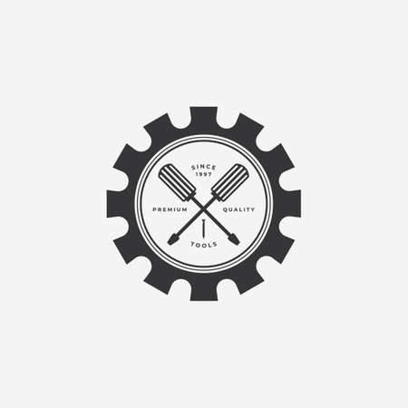 Emblem Gear Screwdriver Vintage Logo, Spanner Illustration Design Vector, Maintenance Mechanical Engineering Conceptのイラスト素材