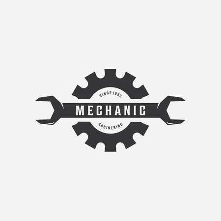 Minimalist Spanner Wrench Gear Logo, Engineering Mechanical Tools Design Vector, Illustration Vintage of Automotive Garage Conceptのイラスト素材