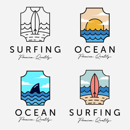 Set Bundle of Beach Vacation Vector , Illustration of Marine Sunset Horizon Concept, Design of Surfing Extreme Sport , Colorful Ocean , Sunset and Sunrise at the Coastline Designのイラスト素材