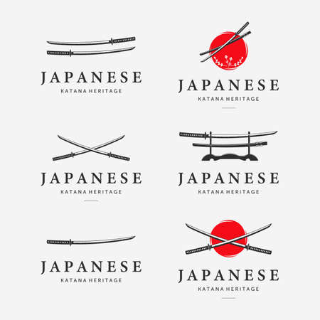 Set Bundle of Katana Sword Logo Ninja Samurai Logo Icon Vintage Vector Illustration Design Japanese Heritageのイラスト素材