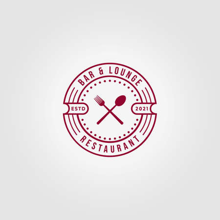 emblem bar lounge restaurant spoon fork logo icon vintage line art vector illustration designのイラスト素材