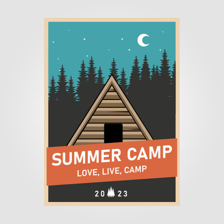 cottage cabin travel poster vintage illustration design, vacation with family in the outdoor view poster designのイラスト素材