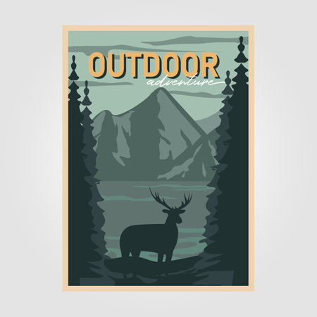 adventure poster vintage with view of mountain kintamani national park, vector of deer background with pine treeのイラスト素材