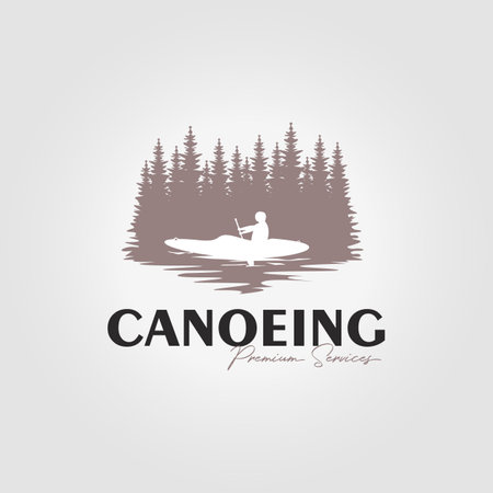 kayak in the forest logo, illustration design of a man rafting on a lake, canoe icon vectorのイラスト素材