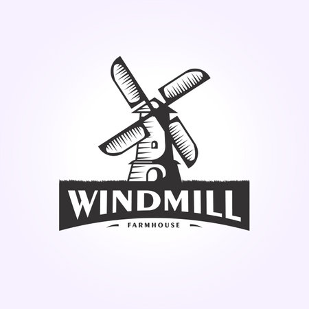 vintage windmill logo template, retro farmhouse icon design illustrationのイラスト素材