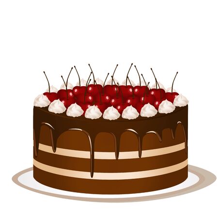 Cake decorated with red cherries, whipped cream and cream, drizzled with chocolate. Pie.のイラスト素材