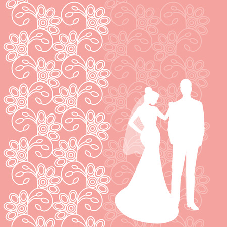 Wedding card with the newlyweds on a pink background with ornament. Bride and groom. Also suitable for invitation card.のイラスト素材