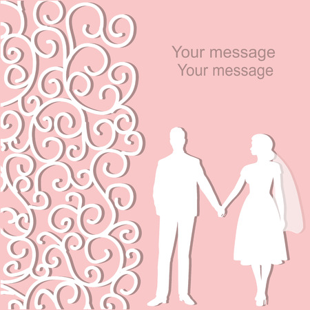 Wedding card with the newlyweds on a pink background with ornament and place for text. Bride and groom. Also suitable for invitation card.のイラスト素材
