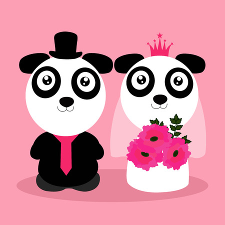 Wedding invitation with cute pandas. Illustration of a Bride and Groom with cute bears.のイラスト素材