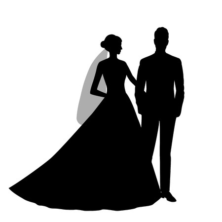 The black silhouette of a bride and groom isolated on white background. Vector illustration.のイラスト素材
