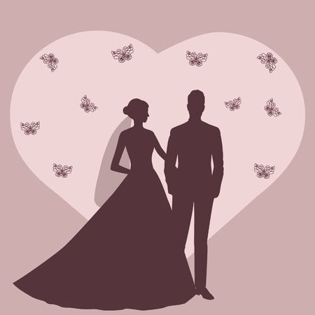 Wedding card with the newlyweds on a pink background with heart. Bride and groom. Also suitable for invitation card.のイラスト素材