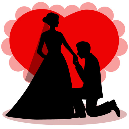 Wedding card with the newlyweds on a background of red heart. Bride and groom. Also suitable for invitation card. Vector illustration.のイラスト素材
