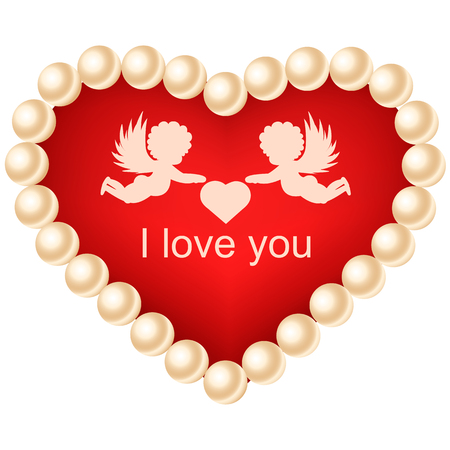Happy Valentines Day. Card with heart, pearls and angels. Red heart isolated on white background. Elements for wedding card, banner, flyer. Vector illustration.のイラスト素材