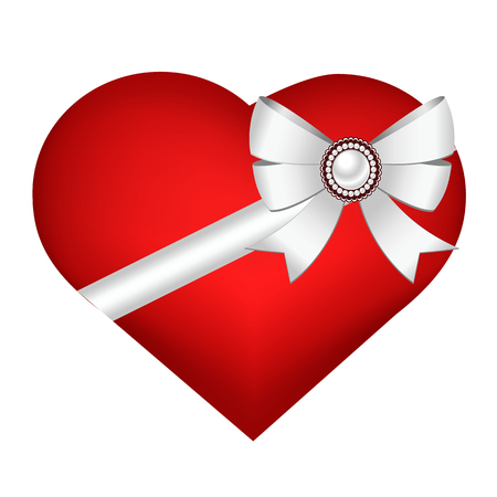 Happy Valentines Day. Card with 3D heart, bow and brooch. Red heart isolated on white background.のイラスト素材