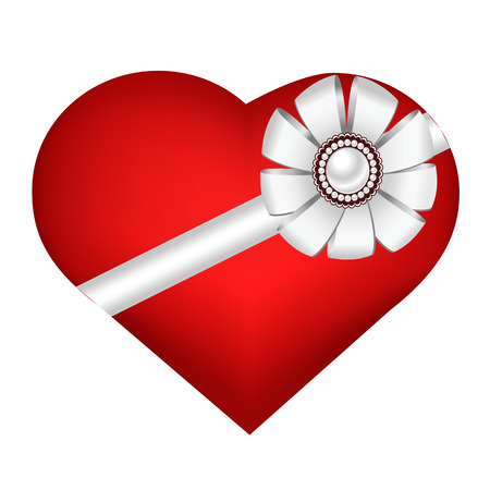 Happy Valentines Day. Card with 3D heart, bow and brooch. Red heart isolated on white background.のイラスト素材