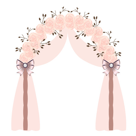 Wedding arch with pink roses and bows, isolated. Vector illustration.のイラスト素材