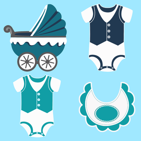 Icon set baby bib, bodysuit for a boy and baby carriage. Vector illustration.のイラスト素材