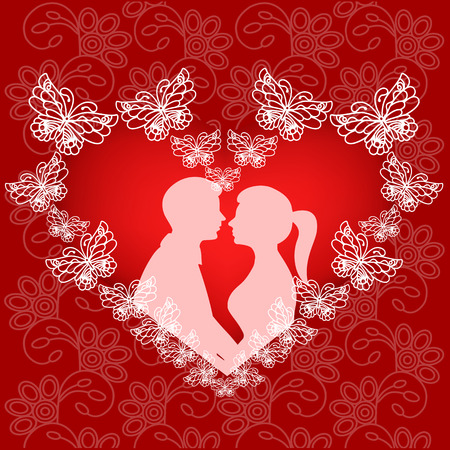 Silhouette of couple in the heart of butterflies on the background with ornament. Valentine's Day. The bride and groom. Wedding invitation. Vector illustration.のイラスト素材