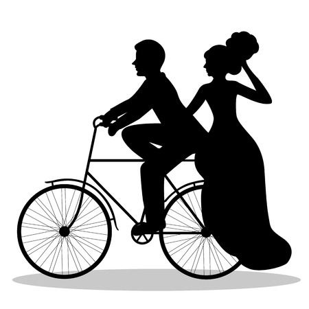 Newlyweds on a bicycle. Bride and groom. Isolated object on a white background. Vector illustration.のイラスト素材