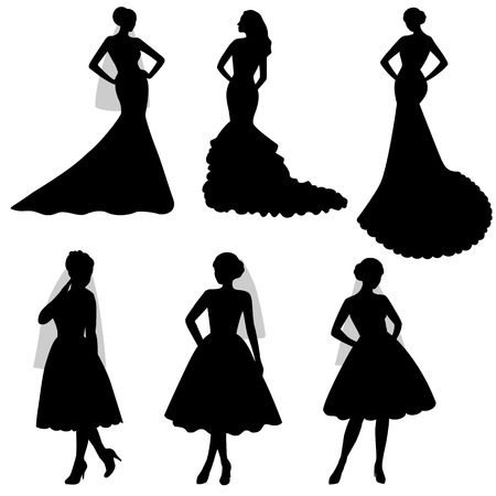 The black silhouette of  bride on a white background. Collection. Set. A girl in a dress. Vector illustration.のイラスト素材