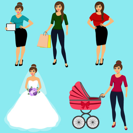 Collection of girls. A modern girl. Girl with ipad. Girl with shopping. Bride. Young mom. Isolated objects. Vector illustration.のイラスト素材