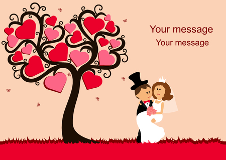 Bride and groom. Wedding card with the newlyweds on the background with decorative tree and butterflies. Wedding invitation. Vector illustration.のイラスト素材