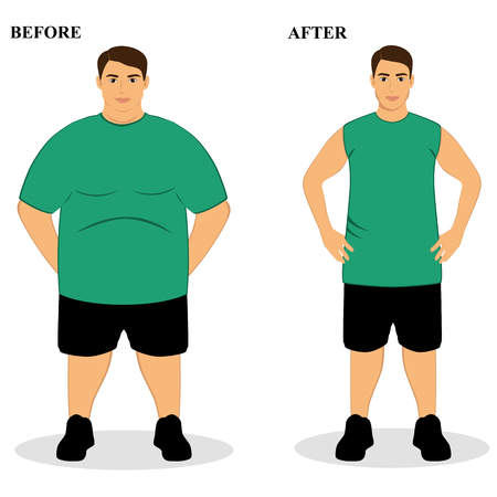 Thin and fat. Obesity. From fat to thin. Before and after. Healthy Lifestyle. The guy becomes thin. Isolated objects. Vector illustration.のイラスト素材