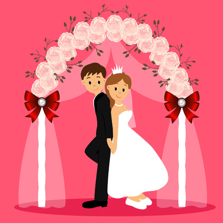 Wedding arch with bride and groom isolated on white background. Bride and groom. Wedding design. Wedding decoration. Vector illustration.のイラスト素材