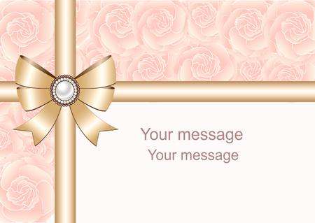 Wedding invitation with bow and ribbons.  Postcard with flowers for wedding, marriage, bridal, birthday, Valentine's day. On tender background.のイラスト素材