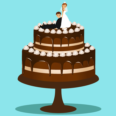 Wedding cake with bride and groom figurine. Bride and groom. Cake with cream. Vector illustration.のイラスト素材