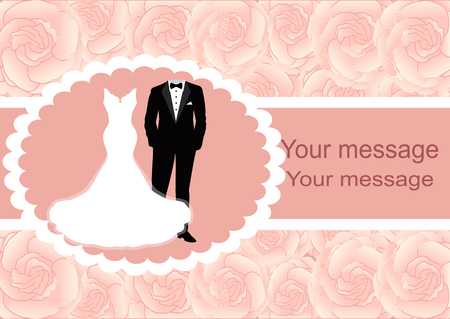 Wedding invitation with frame for text. Postcard with flowers for wedding, marriage, birthday, Valentines day. On tender background. Vector illustration.のイラスト素材