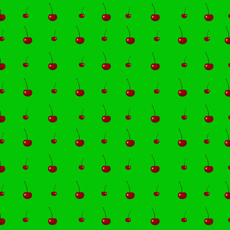 Red cherries seamless pattern. Ripe berries at green background. Vector illustration.のイラスト素材