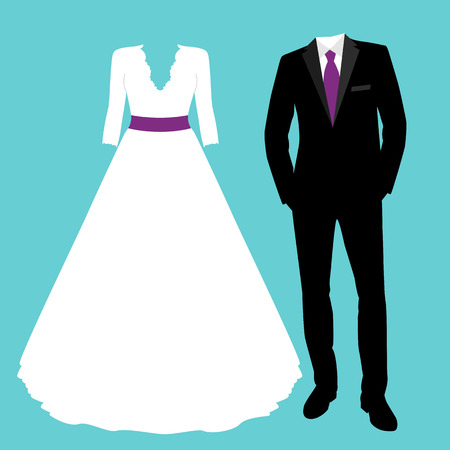 Wedding card with the clothes of the bride and groom. Wedding set. Beautiful wedding dress and tuxedo. Vector illustration.のイラスト素材