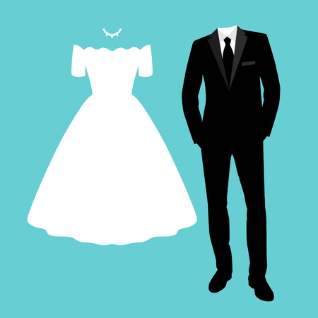Wedding card with the clothes of the bride and groom. Wedding set. Beautiful wedding dress and tuxedo. Vector illustration.のイラスト素材