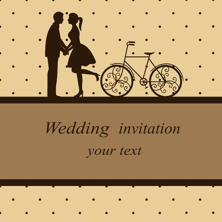 Invitation card with newlyweds on a bicycle in vintage style. Bride and groom. Wedding invitation. Vector illustration.のイラスト素材