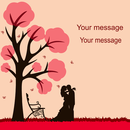 Bride and groom. Wedding card with the newlyweds on the background with decorative tree, butterflies and bench. Wedding invitation. Vector illustration.のイラスト素材