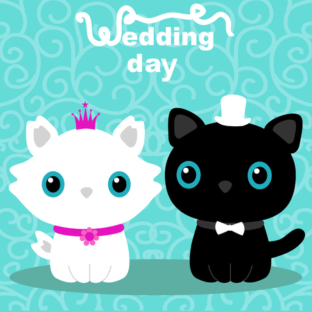 Wedding card with the bride and groom on an abstract background. Cats. Bride and groom. Vector illustration.のイラスト素材