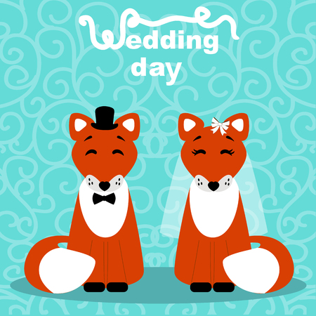 Wedding card with the bride and groom on an abstract background. Foxes. Bride and groom. Vector illustration.のイラスト素材