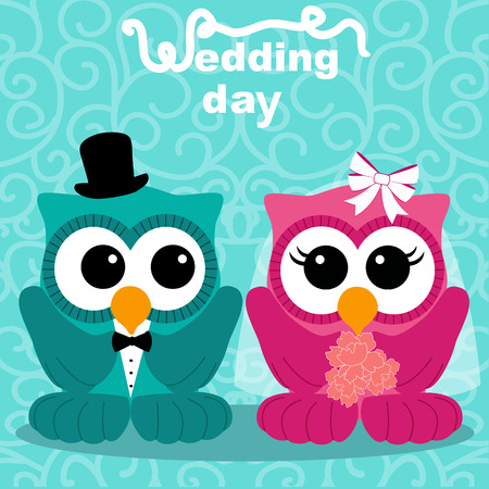 Wedding card with the bride and groom on an abstract background. Owls. Bride and groom. Vector illustration.のイラスト素材