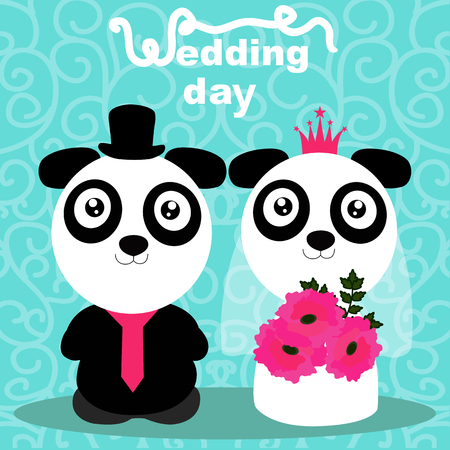 Wedding card with the bride and groom on an abstract background. Pandas. Bride and groom. Vector illustration.のイラスト素材