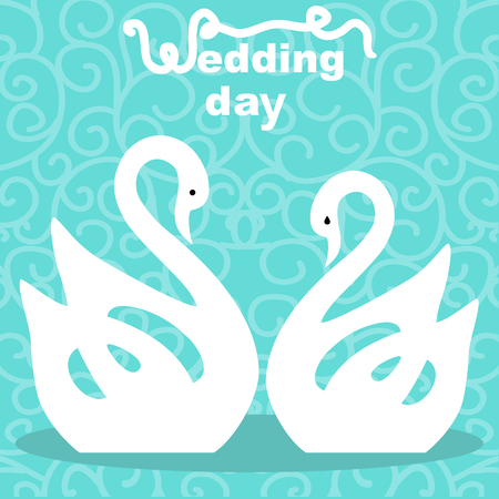 Wedding card with the bride and groom on an abstract background. Swans. Bride and groom. Vector illustration.のイラスト素材