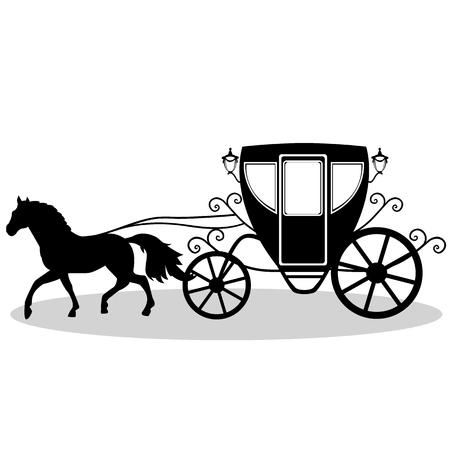 Wedding carriage. Decorative brougham. Coach. Vintage carriage with the horse isolated on white background. Also suitable for invitation card. Vector illustration.のイラスト素材
