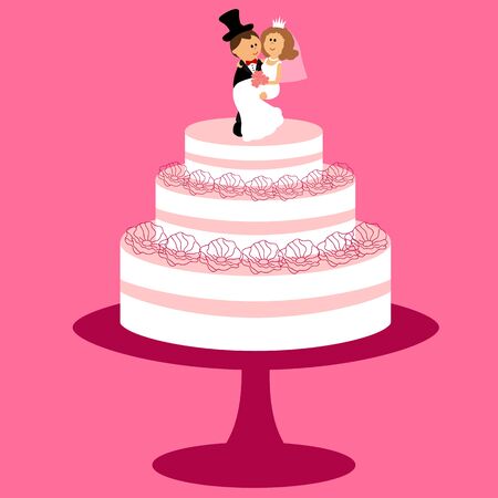 Wedding cake with bride and groom figurine. Bride and groom. Cake with cream. Vector illustration.のイラスト素材
