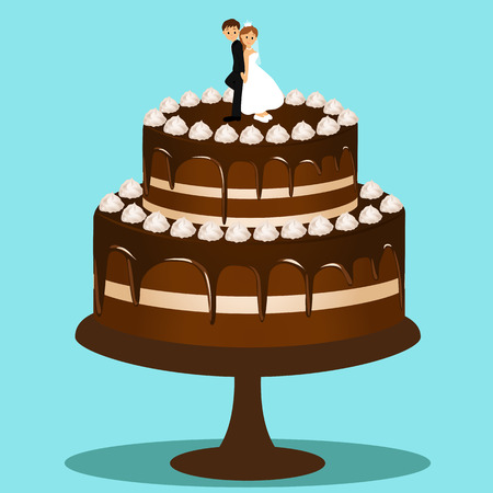 Wedding cake with bride and groom figurine. Bride and groom. Cake with cream. Vector illustration.のイラスト素材
