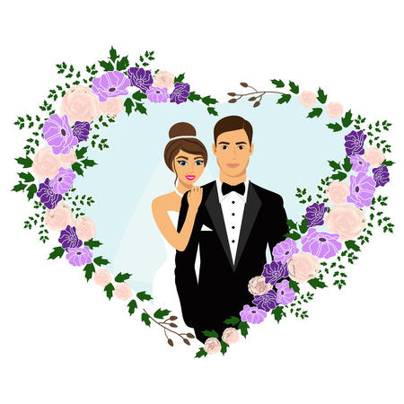 Bride and groom. Wedding card with the newlyweds in the heart of flowers. Wedding invitation. Vector illustration.のイラスト素材