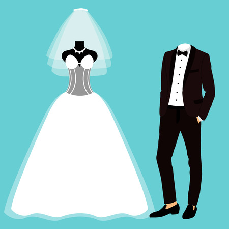 Wedding card with the clothes of the bride and groom. Wedding set. Beautiful wedding dress and tuxedo. Vector illustration.のイラスト素材