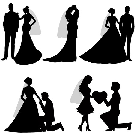 The bride and groom. Set. Collection. The black silhouette of bride and groom on a white background. Vector illustration.のイラスト素材